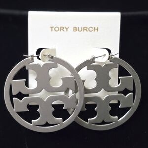 Tory Burch Miller Silvertone Logo Hoop Earrings